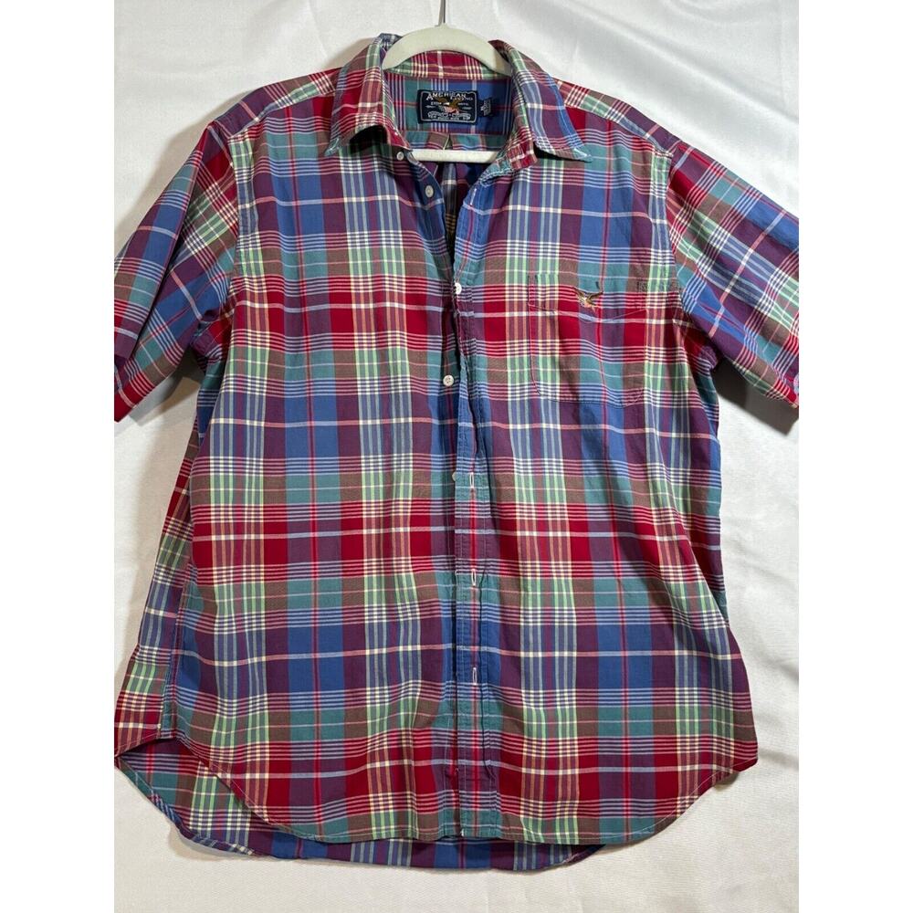 American Living Shirt Mens XL Red Blue Plaid Short‎ Sleeve preppy golf work dad